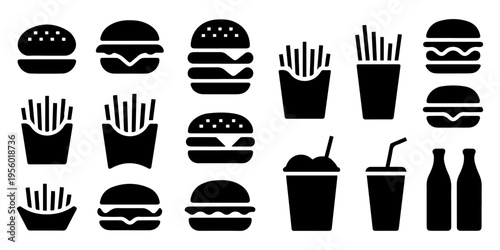 black silhouettes of various fast food items on white background, A graphic design featuring various popular fast food items rendered in black silhouette on a clean white background, ideal for digital