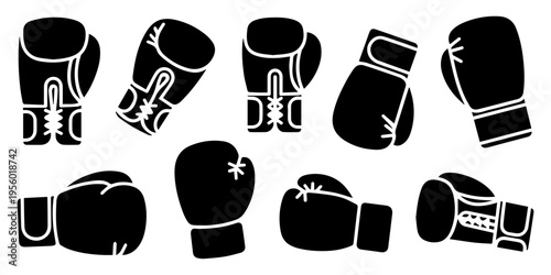 black silhouette Various boxing gloves icon set vector, Set of four boxing glove icons presented in various artistic styles such as hand-drawn sketch, simple outline, solid black silhouette