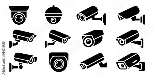 Security camera icon set with CCTV surveillance and monitoring system symbols in black silhouette style, Comprehensive set of security camera icons featuring various CCTV types like bullet and dome