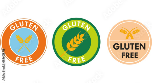Set of three vibrant circular gluten-free labels with crossed wheat icons, ideal for food packaging design, dietary information, and healthy product branding