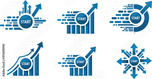 Set of Dynamic Start Icons with Arrows and Graphs for Growth, Progress, and Business Design Projects