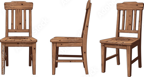 Rustic wooden chair with detailed texture different angles vector illustration vintage furniture seating design isolated collection