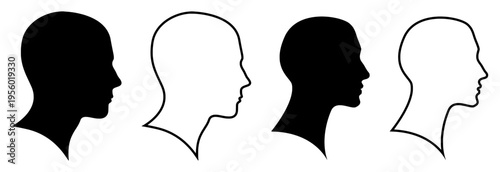 Human head silhouette side profile icons, outline and filled for user avatars and profile symbols, black vector illustrations .