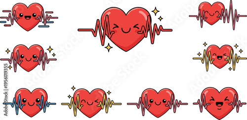 Cute heart characters with heartbeat lines kawaii cardiology vector illustration adorable health symbols collection for medical and wellness design