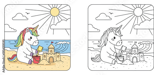 Unicorn Building a Sandcastle on the Beach Coloring Page for Kids, Cute Magical Creature with Rainbow Mane, Summer Vacation Activity, Black and White Line Art and Colored Illustration