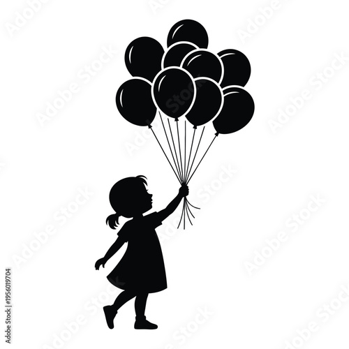 Silhouette of a child releasing a bunch of black balloons upwards