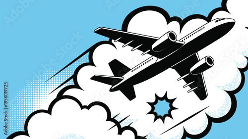 Pop art illustration of a jet airplane soaring through clouds with speed lines