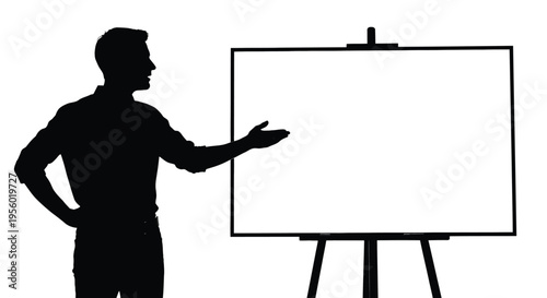 Silhouette of a man presenting at a blank whiteboard