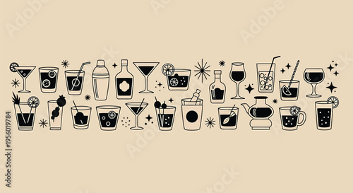 Midcentury modern cocktail bar icons set, retro vector illustration of various alcoholic drinks, glassware, and bar tools in a vintage 1950s style with starburst accents