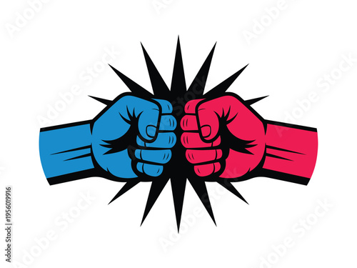A striking image depicting a clash between red and blue fists