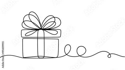 Minimalist line drawing of a gift box with a decorative bow