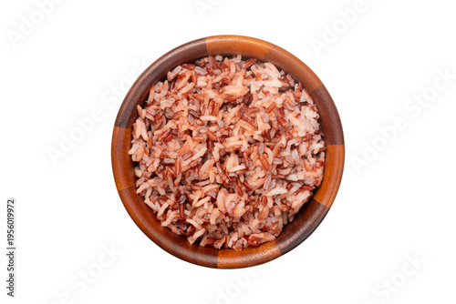 Cooked red rice in a wooden bowl isolated on transparent background, Top view shot	