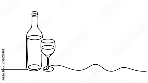 Minimalist line drawing of a wine bottle and glass on white background