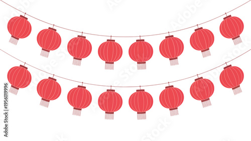 Two strands of vibrant red paper lanterns hang against a white background