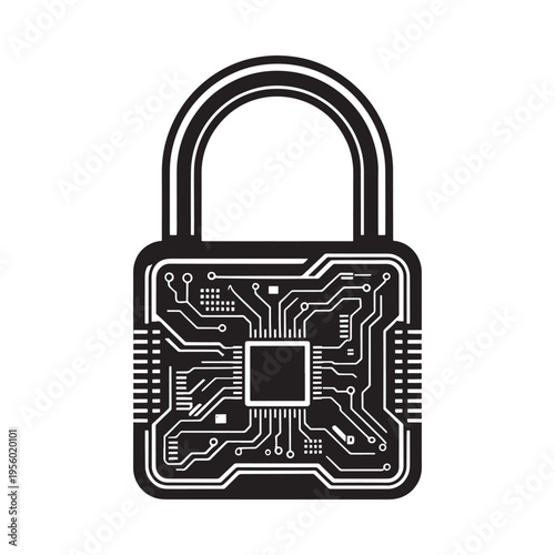 A black and white illustration of a tech inspired padlock design