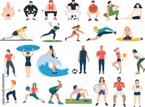Diverse Collection of Flat Vector Athletes and People Practicing Various Sports Including Surfing Soccer Yoga Stretching Weightlifting and Team Games for Healthy Lifestyle Concepts