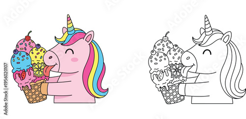 Cute Unicorn Eating Large Ice Cream Cone Coloring Page for Kids, Sweet Magical Creature with Rainbow Mane, Summer Dessert Illustration, Black and White Line Art and Colored Vector Graphic
