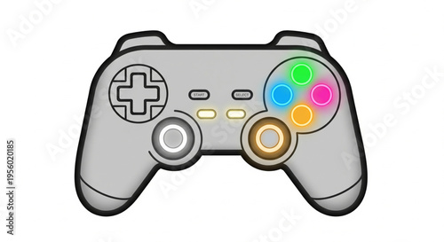 Stylized grey video game controller with colorful buttons and dual analog sticks for interactive entertainment.