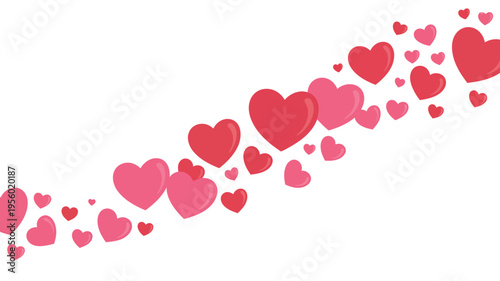 A scattering of pink and red hearts on a white background