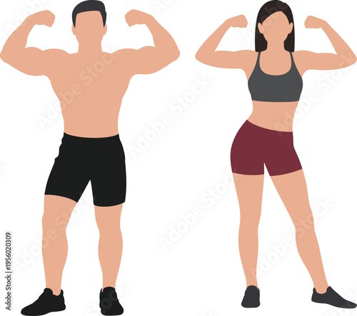 Flat vector illustration of a muscular man and woman flexing biceps for bodybuilding and fitness success isolated on white background for health concepts.