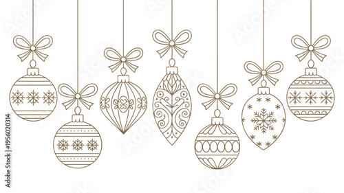Delicate line art illustration of hanging christmas ornaments in brown tones