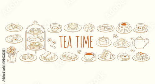 Hand drawn tea time set with tea, cakes, sandwiches, pastries and sweets vector illustration of afternoon tea party elements