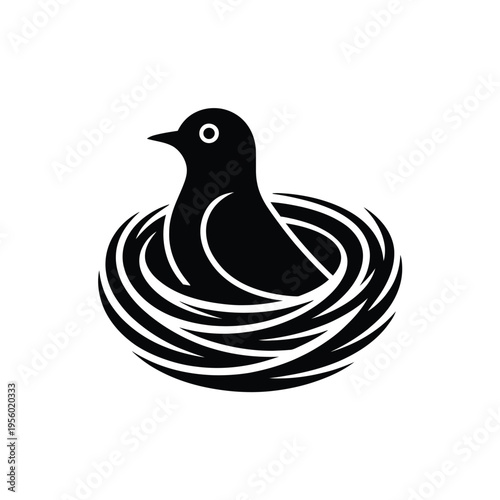A stylized black and white illustration of a duck in a nest