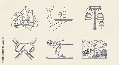 Set of winter vacation icons, alpine skiing resort, mountain landscape with wine and cheese, ski equipment, gondola lift, and a waiter serving drinks, line art vector illustration
