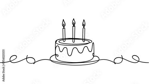 Simple line drawing of a birthday cake with three lit candles