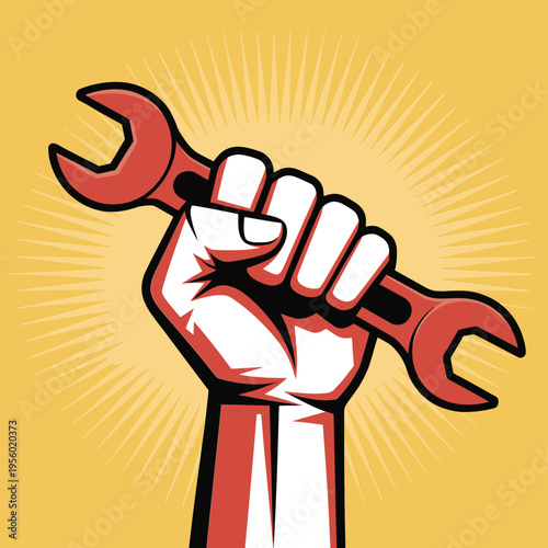 A clenched fist powerfully grips a red wrench against a yellow background