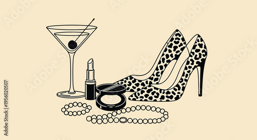 Fashion accessories illustration with leopard print high heels, martini glass, lipstick, powder compact and pearl necklace