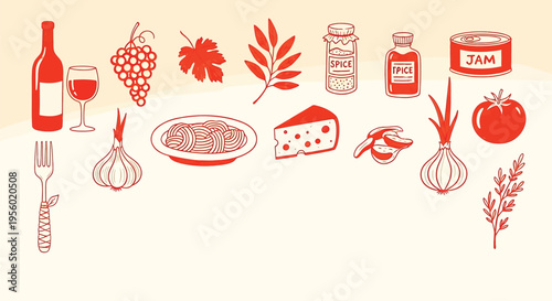 Set of handdrawn food and drink icons, including wine, grapes, pasta, cheese, garlic, onion, tomato, and spices, perfect for restaurant menus or culinary designs