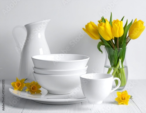 Still life of ceramic dishes, tulips, and daffodils