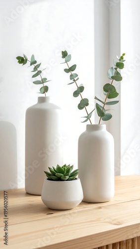 Still life of ceramic vases with greenery and a small succulent