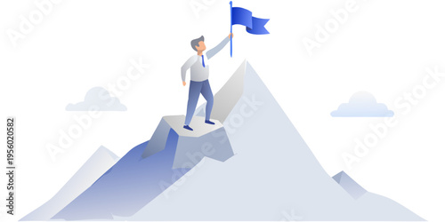 A victorious man stands atop a mountain peak raising a blue flag