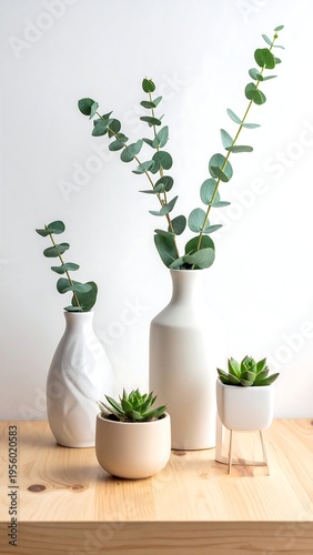 Still life of decorative plants in vases on a wooden surface