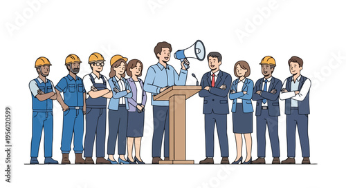 Flat 2D illustration of a labor union concept with diverse workers and business professionals standing together around a podium with a megaphone, conveying unity and cooperation.