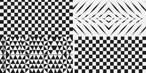 Four abstract black and white geometric patterns in a grid layout