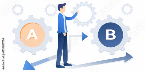 Man interacting with gears representing process and transformation concepts