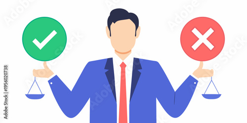 Man holding scales with checkmark and x symbols representing choices