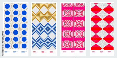 Four vertically arranged panels displaying repeating geometric patterns