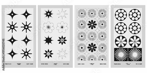 Four panels display various black and white geometric and floral patterns
