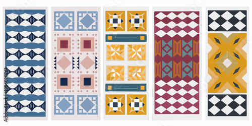 A collection of six vertically oriented patterned tile designs