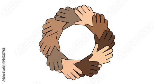 Flat 2D illustration of diverse hands forming a circle in a labor union concept with a solid white background.