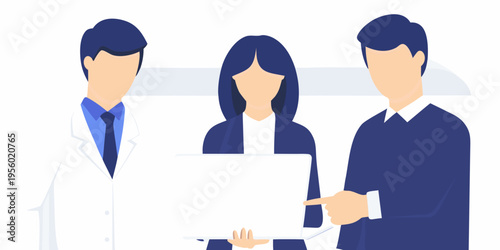 Three professionals discussing work with a laptop in a modern office setting