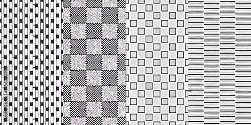 Four sections displaying unique black and white geometric line patterns