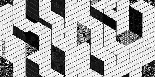 Optical illusion featuring interlocking geometric shapes in black and white