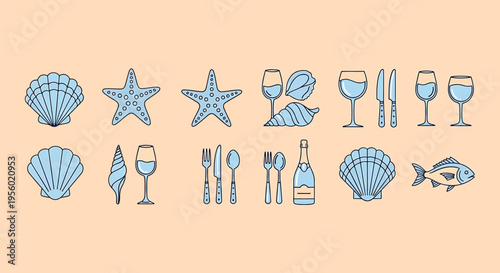 Set of seathemed icons featuring seashells, starfish, fish, wine glasses, and cutlery, perfect for seafood restaurant menus or summer dining concepts