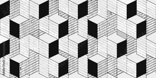 Isometric cubic pattern with varying shades of grey and black