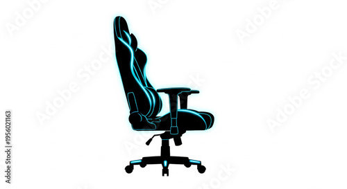 Sleek black gaming chair with vibrant blue glowing accents, featuring ergonomic design and wheeled base.